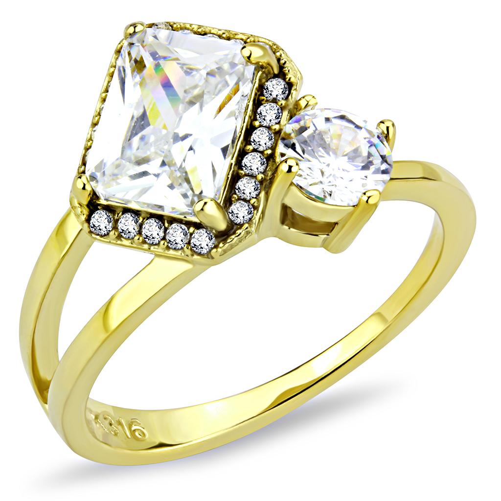 DA173 IP Gold Stainless Steel Ring featuring a clear AAA Grade CZ center stone, showcasing its elegant design and luxurious finish.