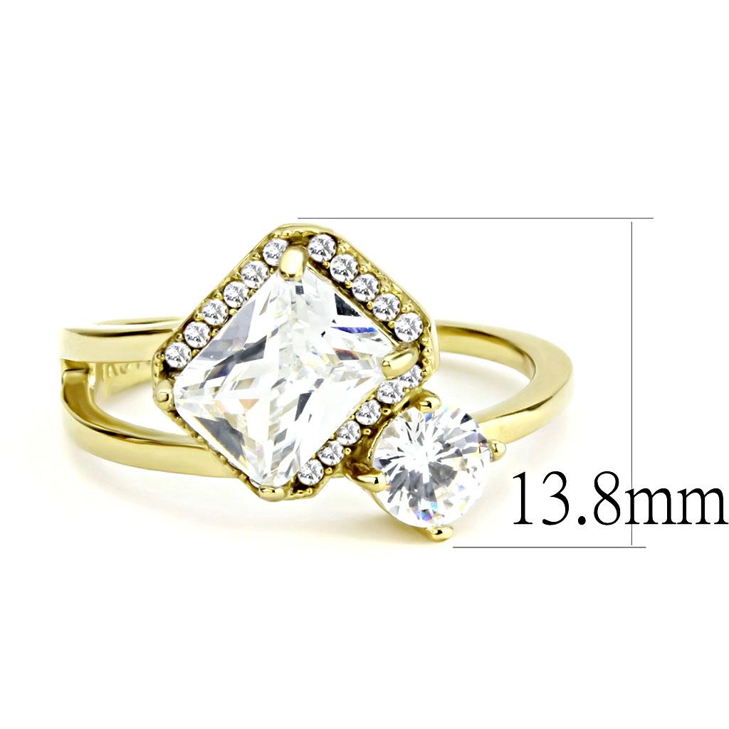 DA173 IP Gold Stainless Steel Ring featuring a clear AAA Grade CZ center stone, showcasing its elegant design and luxurious finish.