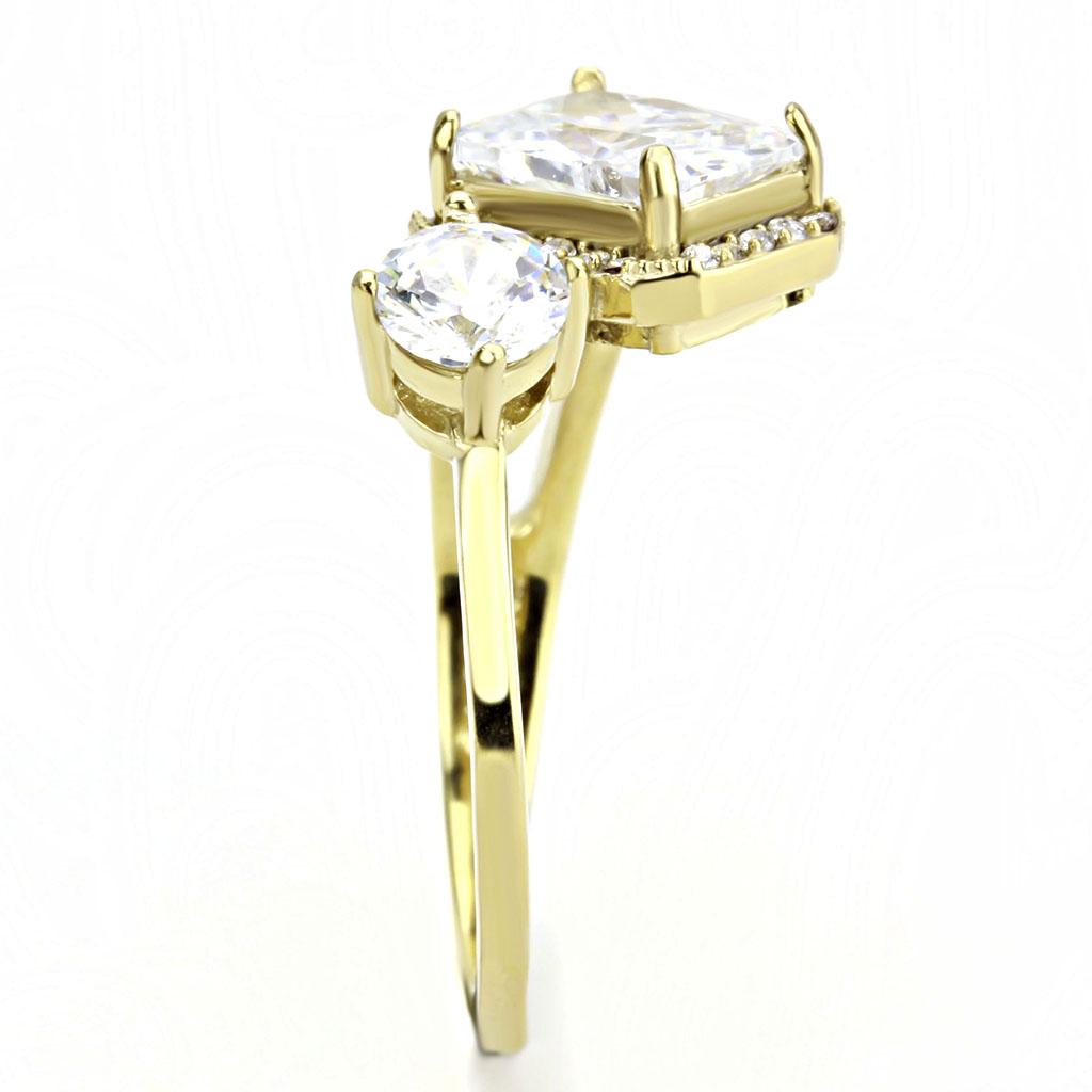 DA173 IP Gold Stainless Steel Ring featuring a clear AAA Grade CZ center stone, showcasing its elegant design and luxurious finish.