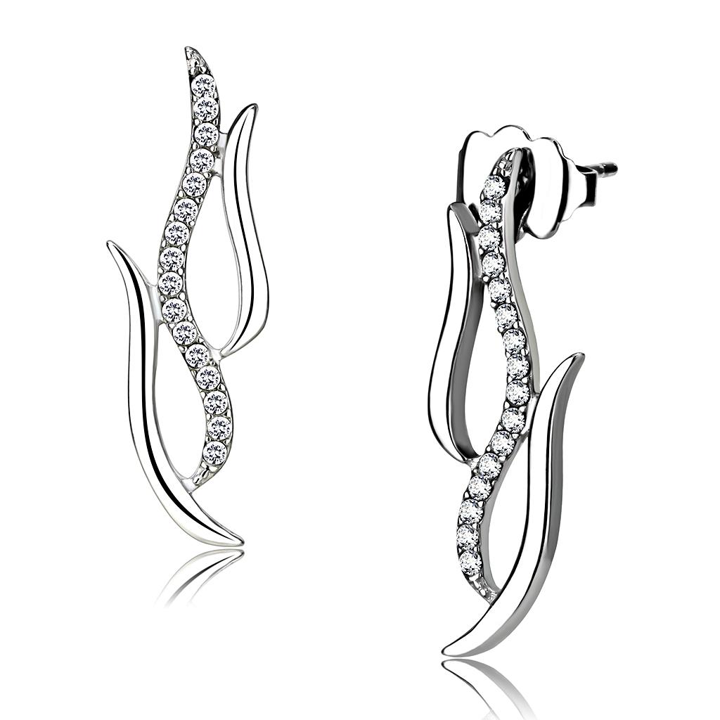 DA182 High Polished Stainless Steel Earrings featuring AAA Grade Clear CZ stone, showcasing a sleek and modern design.