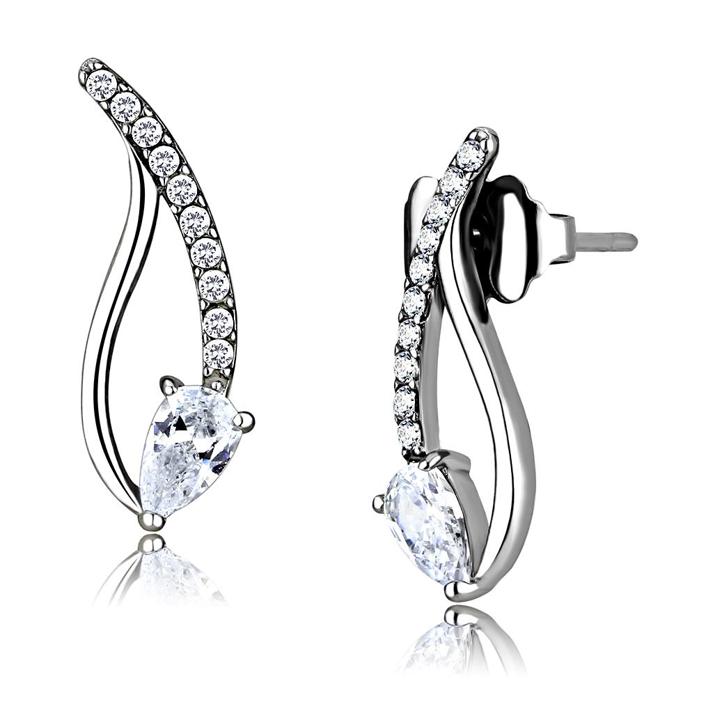 DA185 High Polished Stainless Steel Earrings featuring pear-shaped AAA Grade CZ stones in clear color, showcasing a brilliant shine.