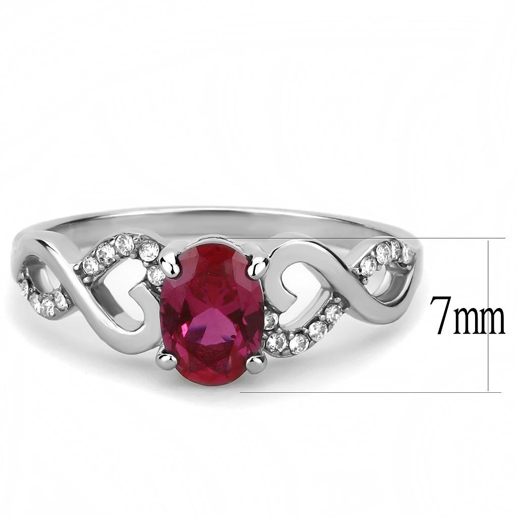 DA119 High Polished Stainless Steel Ring featuring a vibrant AAA Grade Ruby CZ center stone, elegantly designed for any occasion.