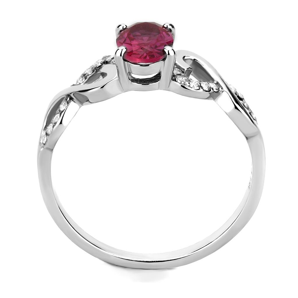 DA119 High Polished Stainless Steel Ring featuring a vibrant AAA Grade Ruby CZ center stone, elegantly designed for any occasion.