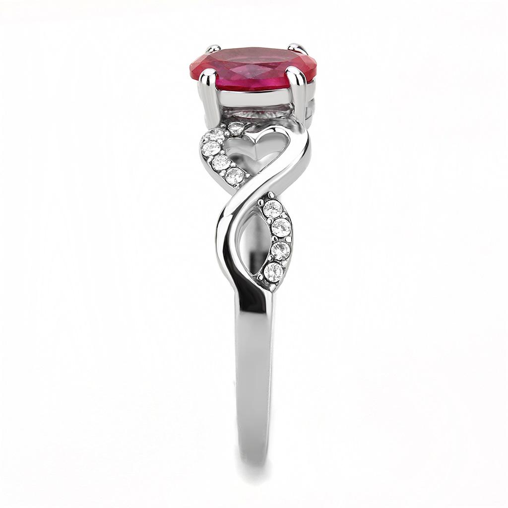 DA119 High Polished Stainless Steel Ring featuring a vibrant AAA Grade Ruby CZ center stone, elegantly designed for any occasion.