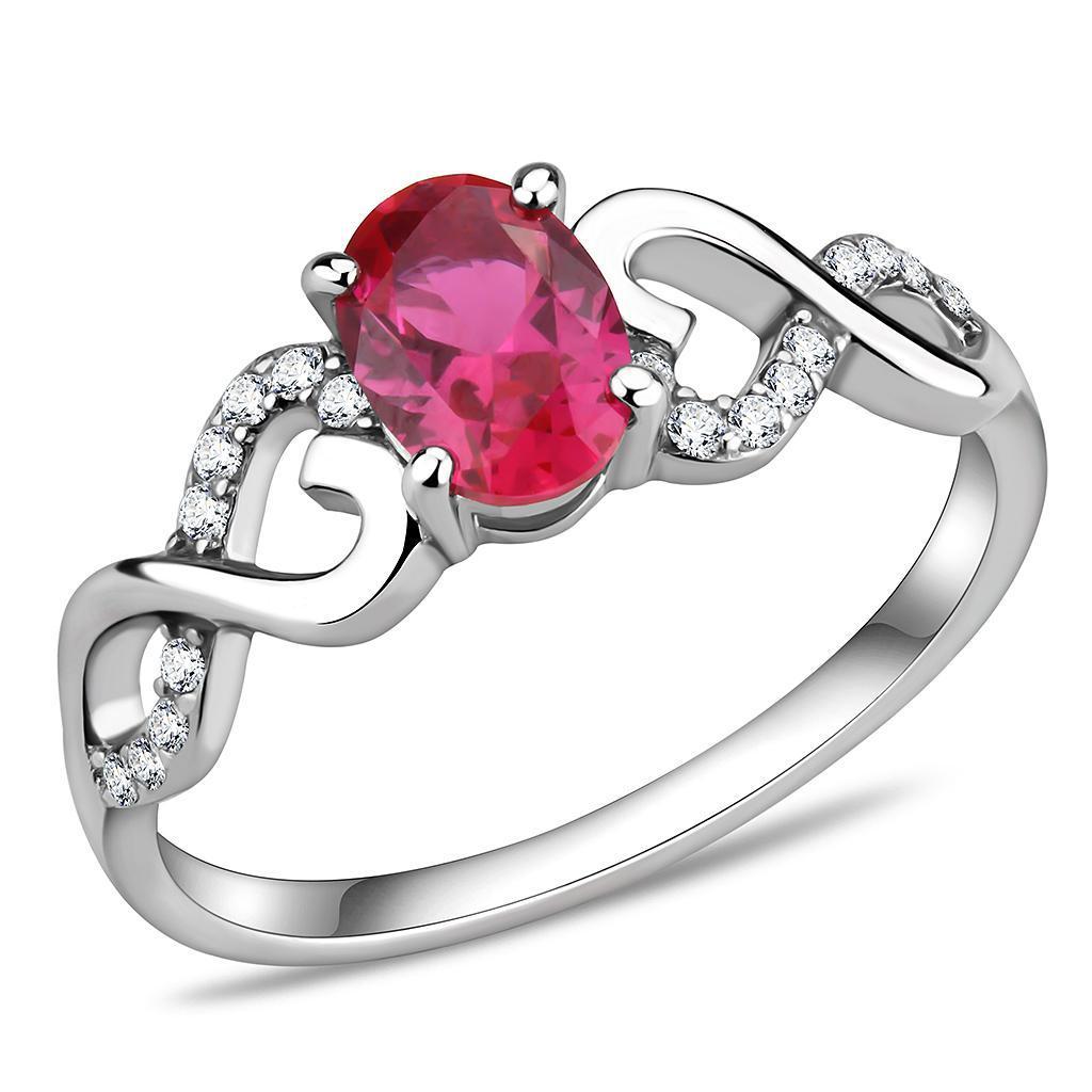 DA119 High Polished Stainless Steel Ring featuring a vibrant AAA Grade Ruby CZ center stone, elegantly designed for any occasion.