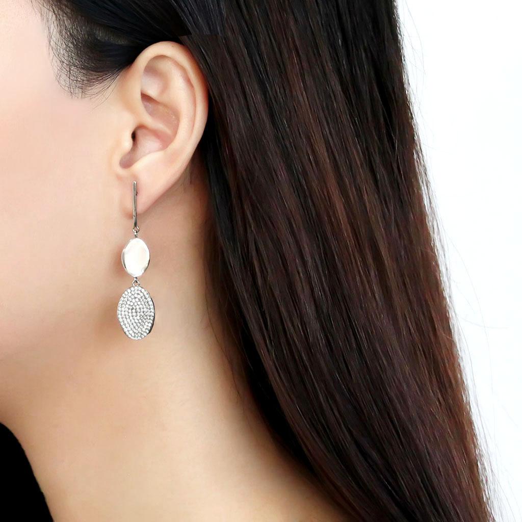 DA193 High Polished Stainless Steel Earrings featuring AAA Grade Clear CZ stone, elegantly designed for any occasion.