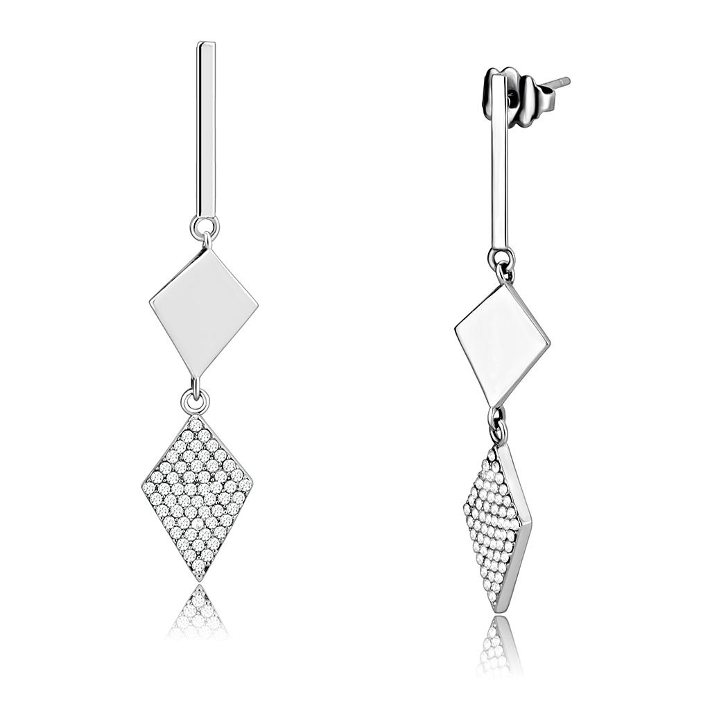 DA194 High Polished Stainless Steel Earrings featuring AAA Grade Clear CZ stone, showcasing a brilliant shine and elegant design.