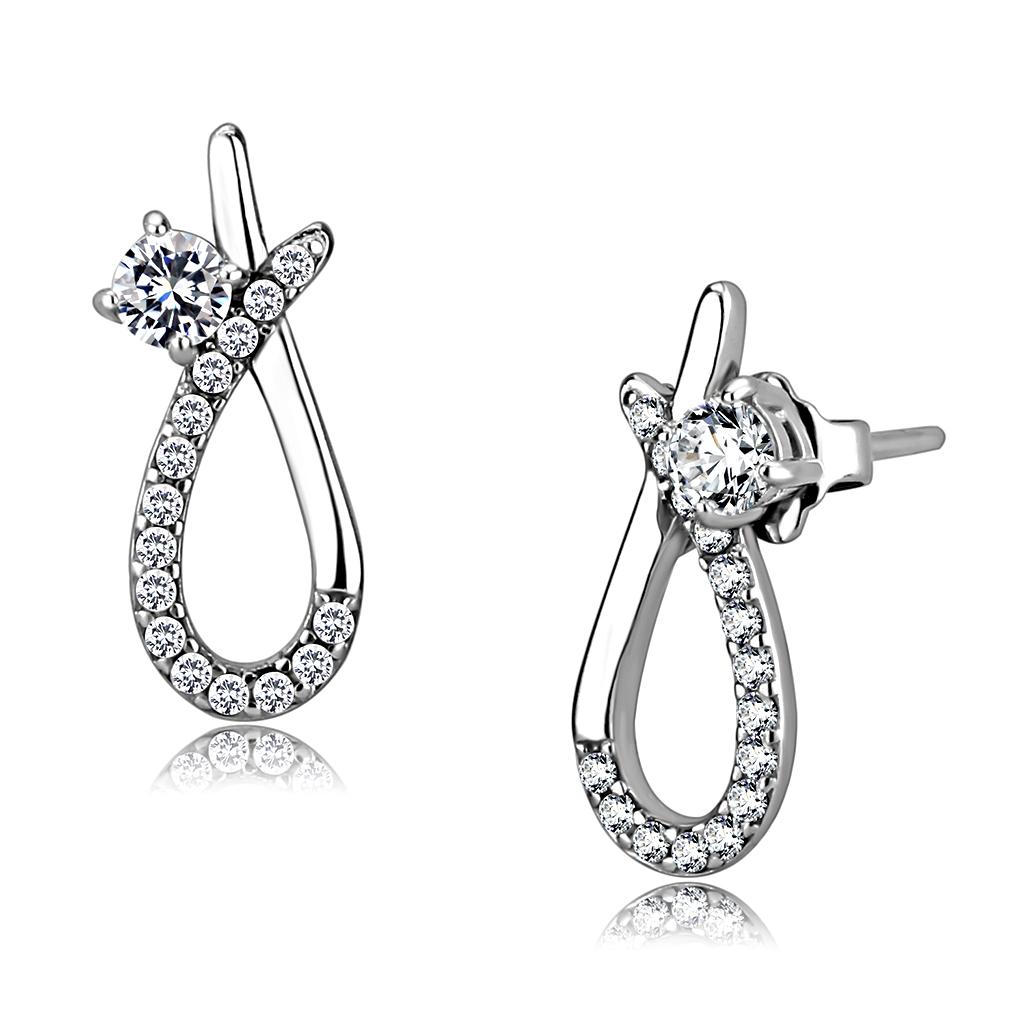 DA196 High Polished Stainless Steel Earrings featuring AAA Grade Clear CZ stone, showcasing a sleek and elegant design.