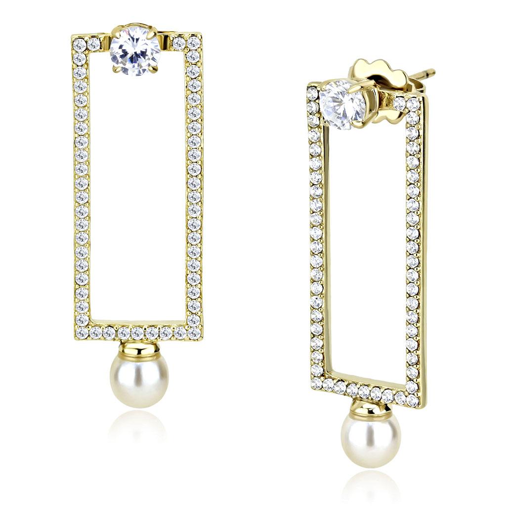 DA222 IP Gold Stainless Steel Earrings featuring a white synthetic pearl, elegantly designed for any occasion.