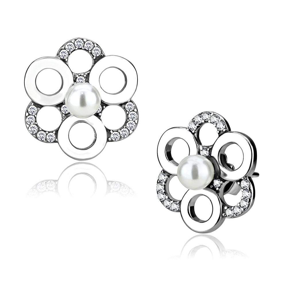 DA214 high polished stainless steel earrings featuring a synthetic white pearl, showcasing a sleek and elegant design.