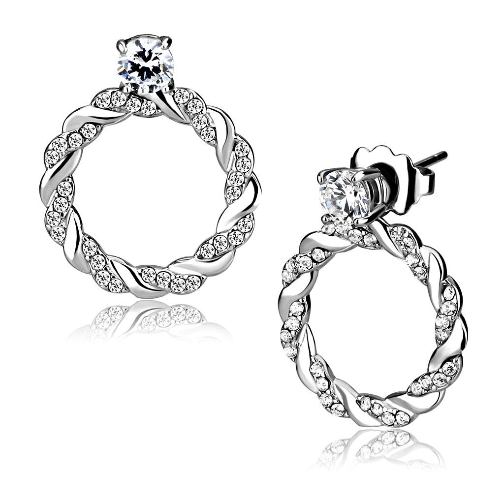 DA217 High Polished Stainless Steel Earrings featuring AAA Grade Clear CZ center stone, showcasing a sleek and elegant design.