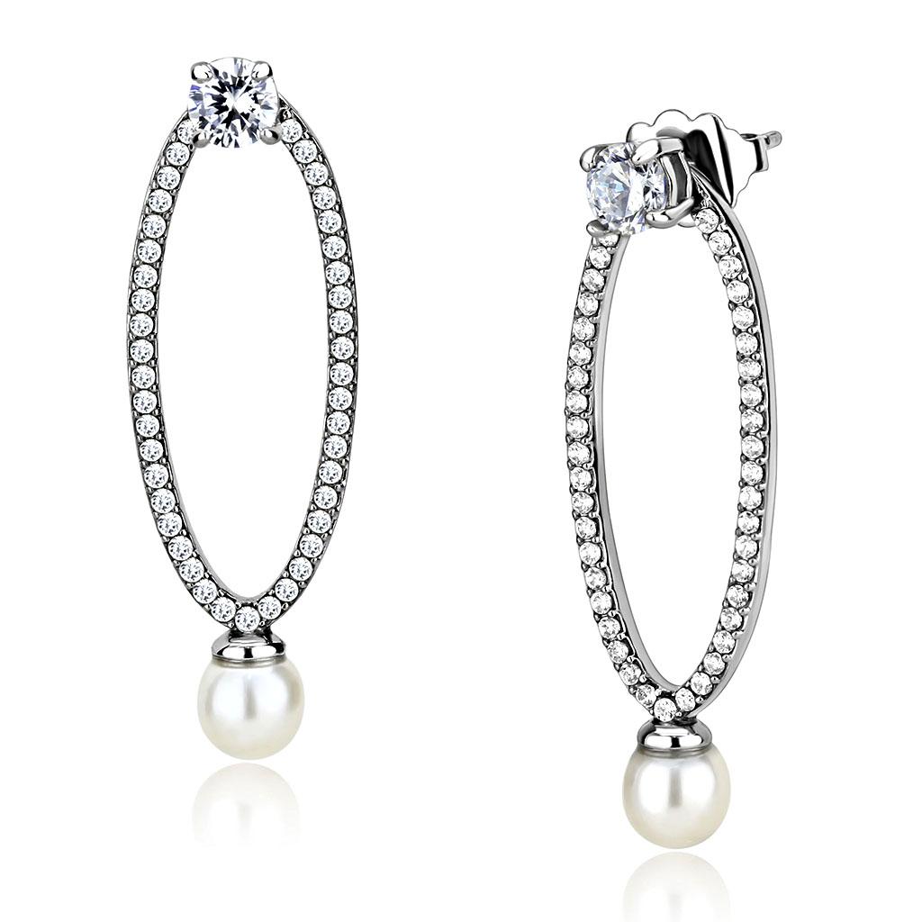 DA223 High Polished Stainless Steel Earrings featuring round synthetic white pearls, showcasing a sleek and elegant design.