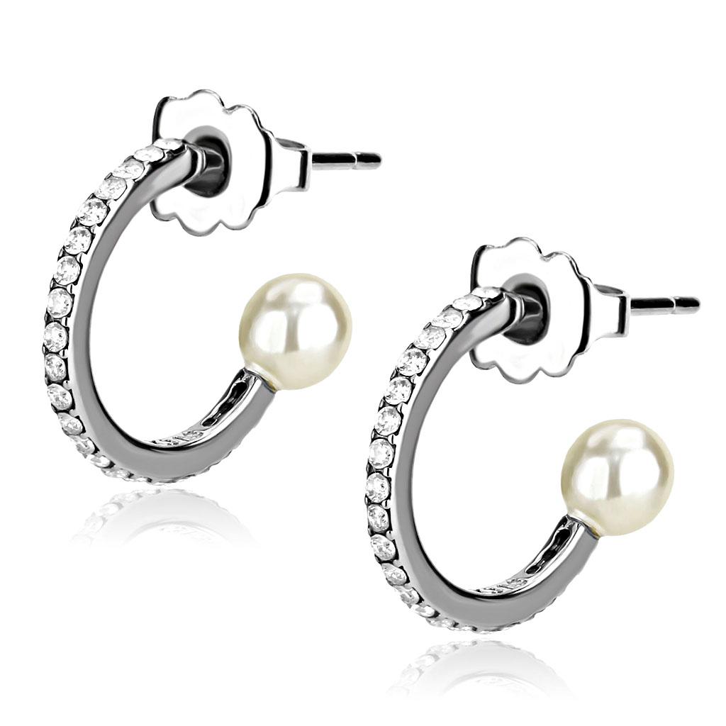 DA224 High Polished Stainless Steel Earrings featuring a synthetic white pearl center stone, elegantly designed for everyday wear.