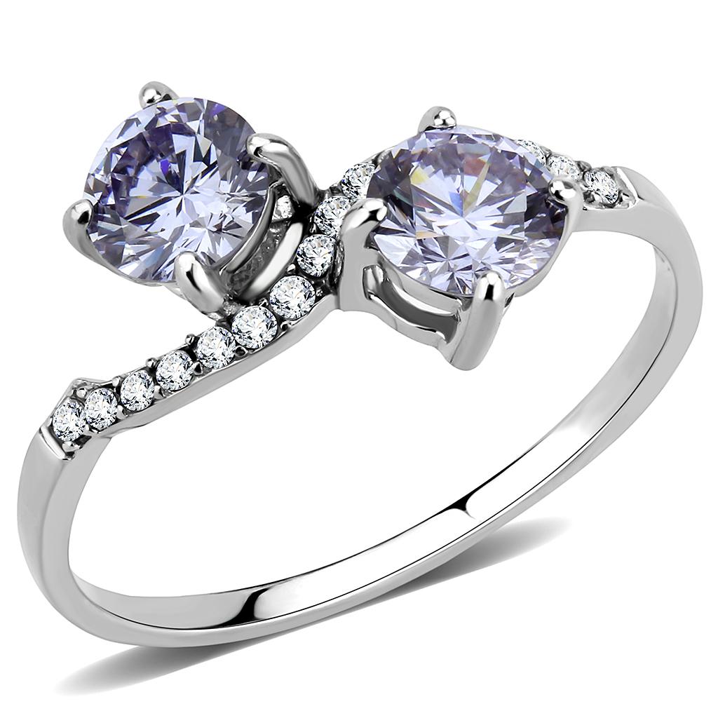 DA244 High Polished Stainless Steel Ring featuring a light amethyst AAA Grade CZ center stone, showcasing its elegant design and shine.