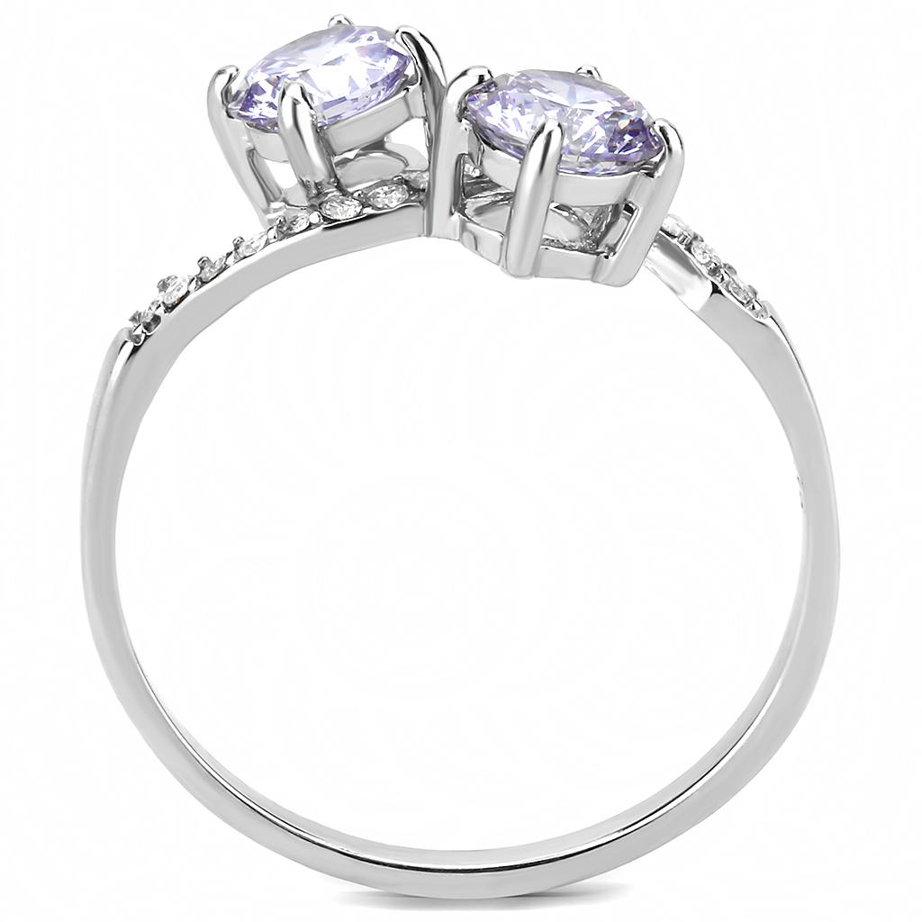 DA244 High Polished Stainless Steel Ring featuring a light amethyst AAA Grade CZ center stone, showcasing its elegant design and shine.