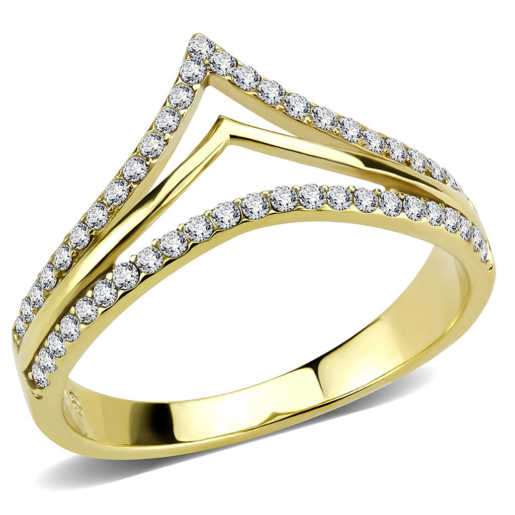 DA250 IP Gold Stainless Steel Ring featuring a clear AAA Grade CZ center stone, showcasing its elegant design and luxurious finish.