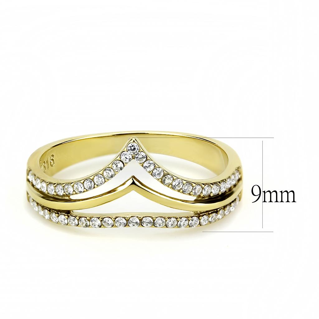 DA250 IP Gold Stainless Steel Ring featuring a clear AAA Grade CZ center stone, showcasing its elegant design and luxurious finish.