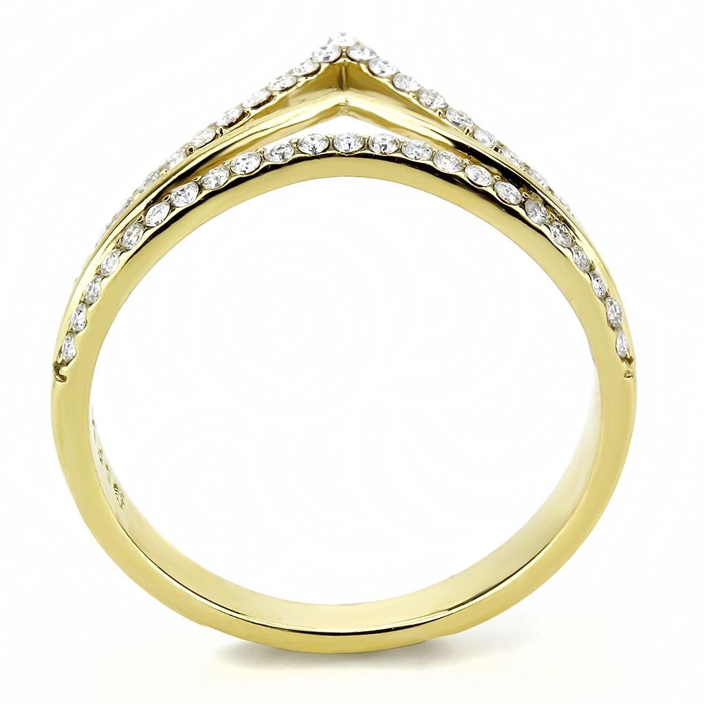 DA250 IP Gold Stainless Steel Ring featuring a clear AAA Grade CZ center stone, showcasing its elegant design and luxurious finish.