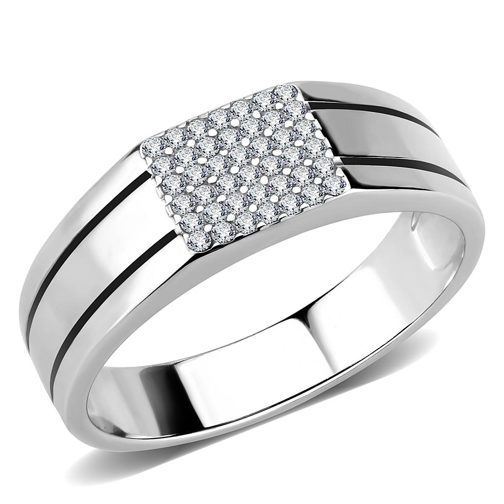 DA253 High Polished Stainless Steel Ring featuring a clear AAA Grade CZ center stone, showcasing its elegant design and shiny finish.