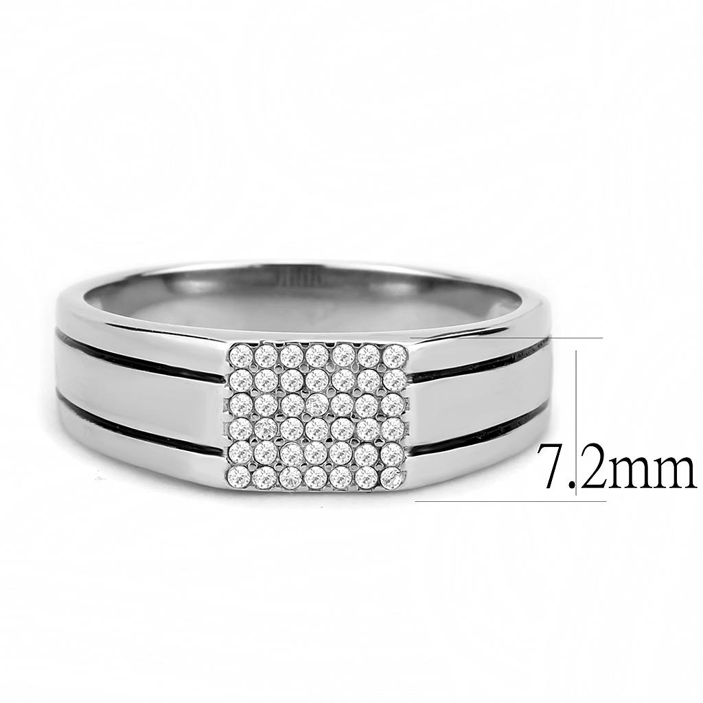 DA253 High Polished Stainless Steel Ring featuring a clear AAA Grade CZ center stone, showcasing its elegant design and shiny finish.