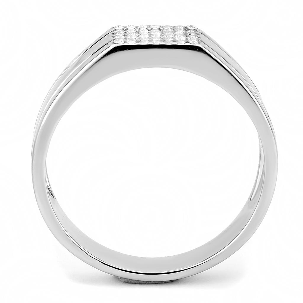 DA253 High Polished Stainless Steel Ring featuring a clear AAA Grade CZ center stone, showcasing its elegant design and shiny finish.