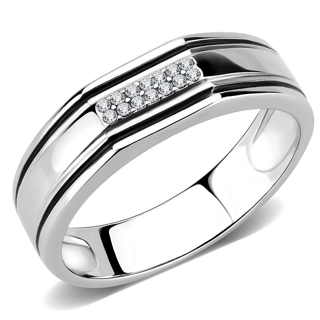 DA254 High Polished Stainless Steel Ring featuring a clear AAA Grade CZ center stone, showcasing its elegant design and shiny finish.