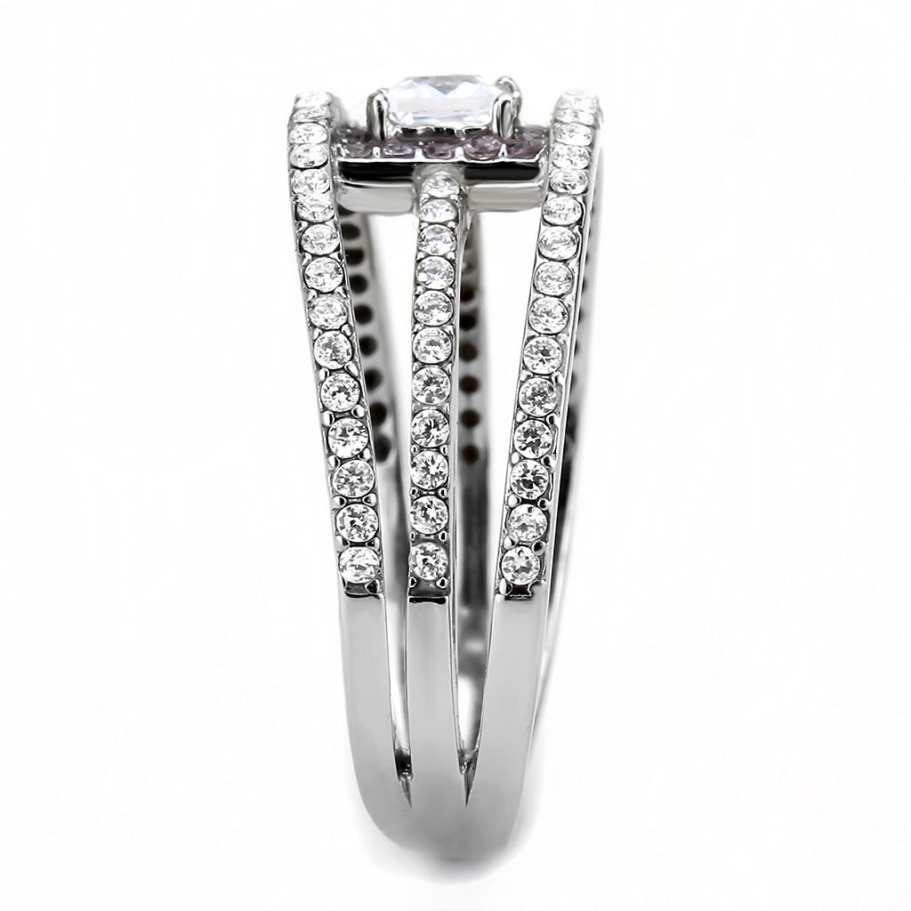 DA257 High Polished Stainless Steel Ring featuring AAA Grade clear CZ center stone, showcasing a brilliant shine and elegant design.