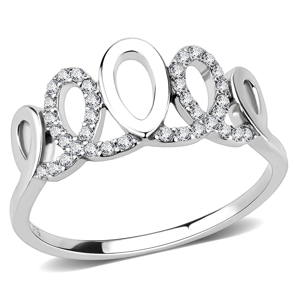 DA258 High Polished Stainless Steel Ring featuring a clear AAA Grade CZ center stone, showcasing its elegant design and shiny finish.