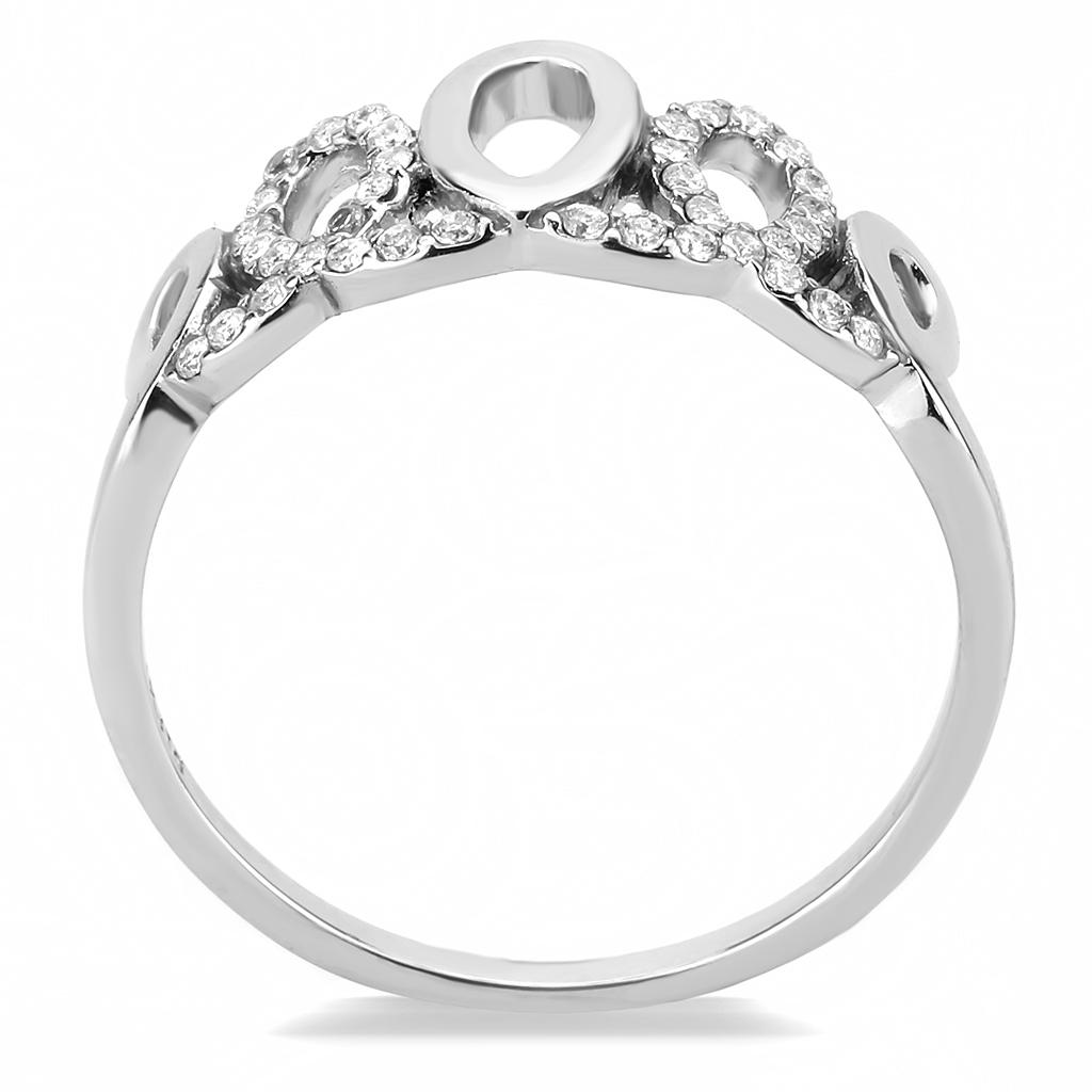 DA258 High Polished Stainless Steel Ring featuring a clear AAA Grade CZ center stone, showcasing its elegant design and shiny finish.