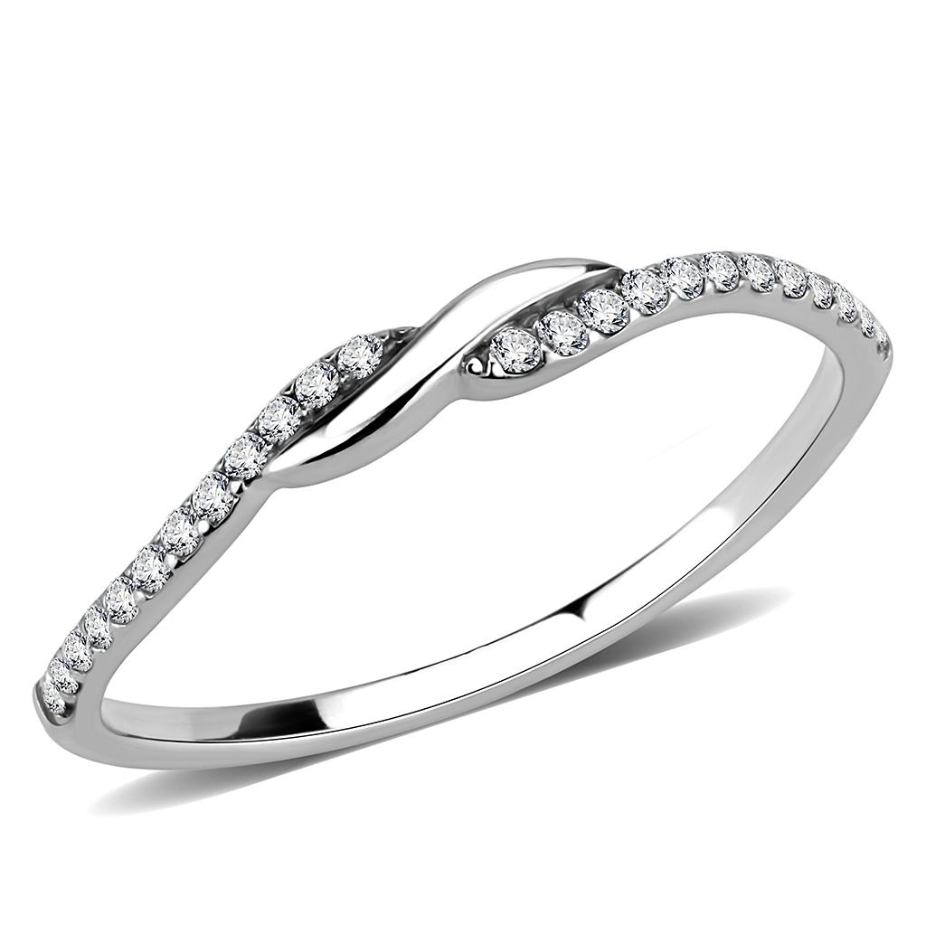 DA263 High Polished Stainless Steel Ring featuring a clear AAA Grade CZ center stone, showcasing its elegant design and shine.