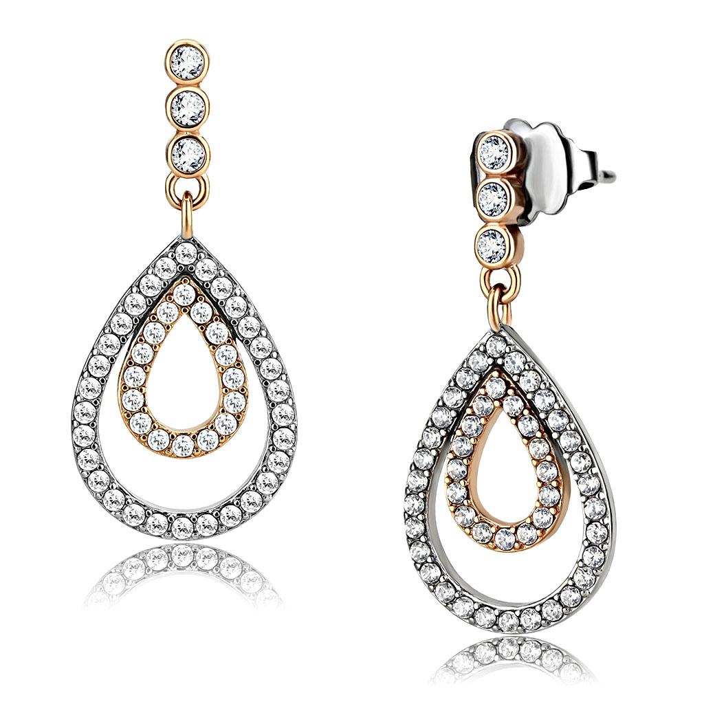 DA227 Two-Tone IP Rose Gold Stainless Steel Earrings featuring AAA Grade CZ, showcasing their elegant design and clear stone.