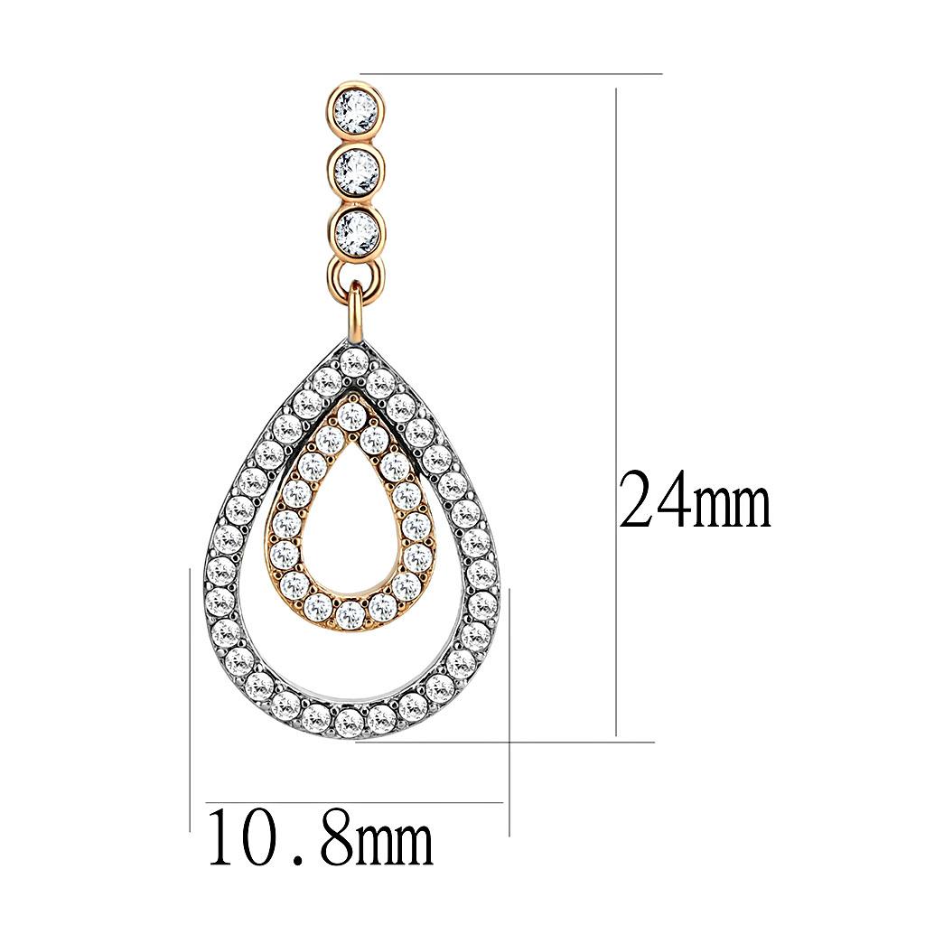 DA227 Two-Tone IP Rose Gold Stainless Steel Earrings featuring AAA Grade CZ, showcasing their elegant design and clear stone.