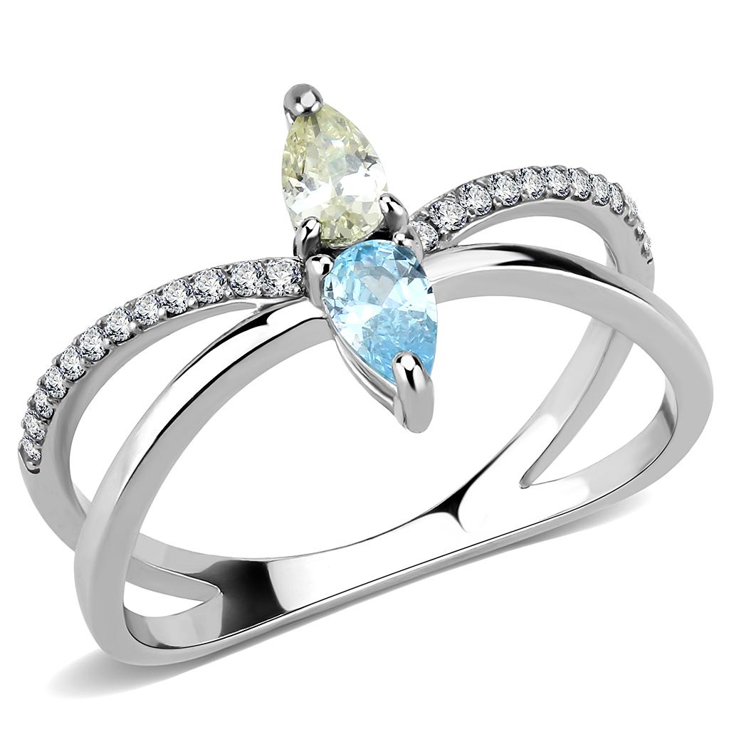 DA271 High Polished Stainless Steel Ring with AAA Grade multi-color CZ stone, showcasing its elegant design and shine.