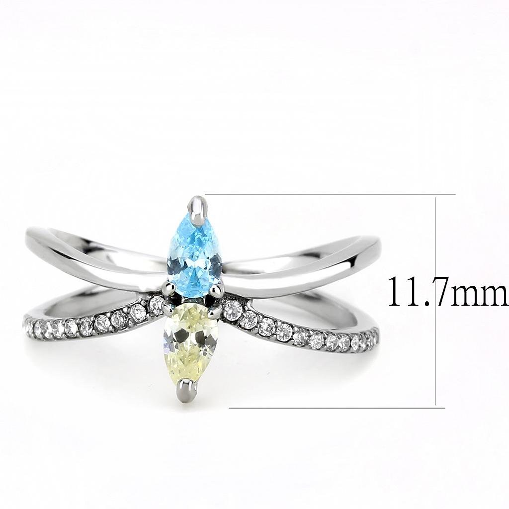 DA271 High Polished Stainless Steel Ring with AAA Grade multi-color CZ stone, showcasing its elegant design and shine.