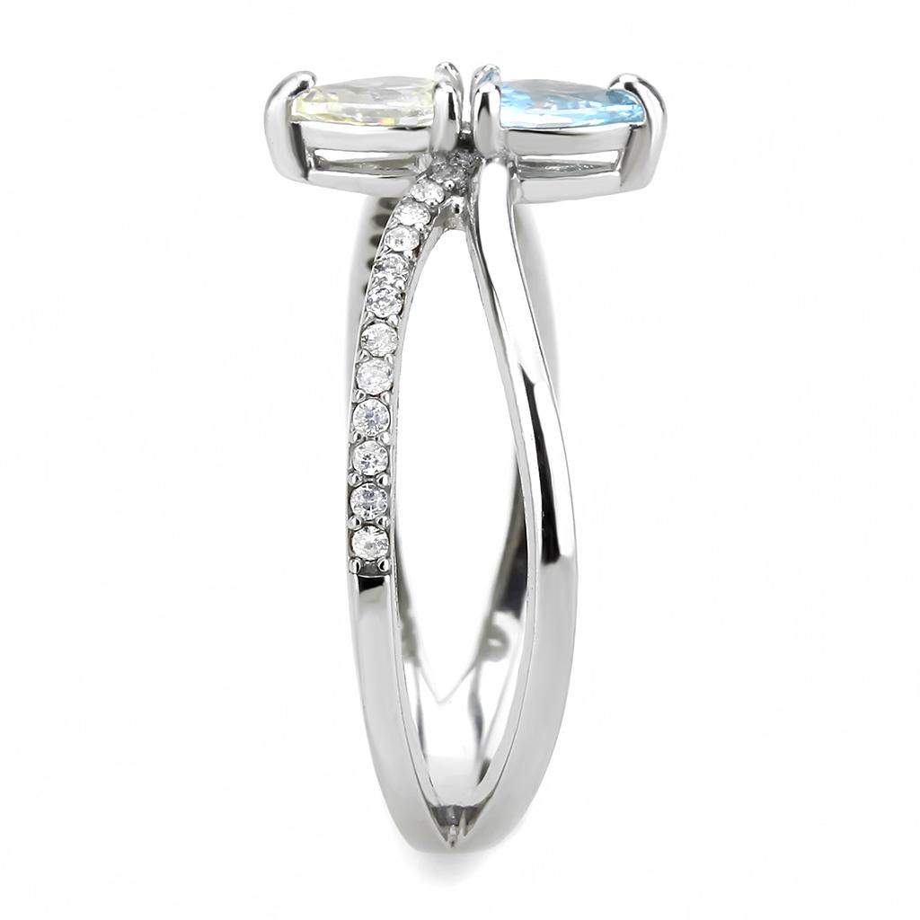 DA271 High Polished Stainless Steel Ring with AAA Grade multi-color CZ stone, showcasing its elegant design and shine.