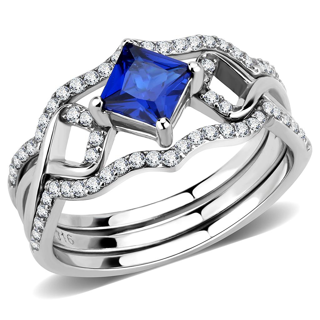 DA272 High Polished Stainless Steel Ring featuring a London Blue Spinel center stone, showcasing a sleek and modern design.