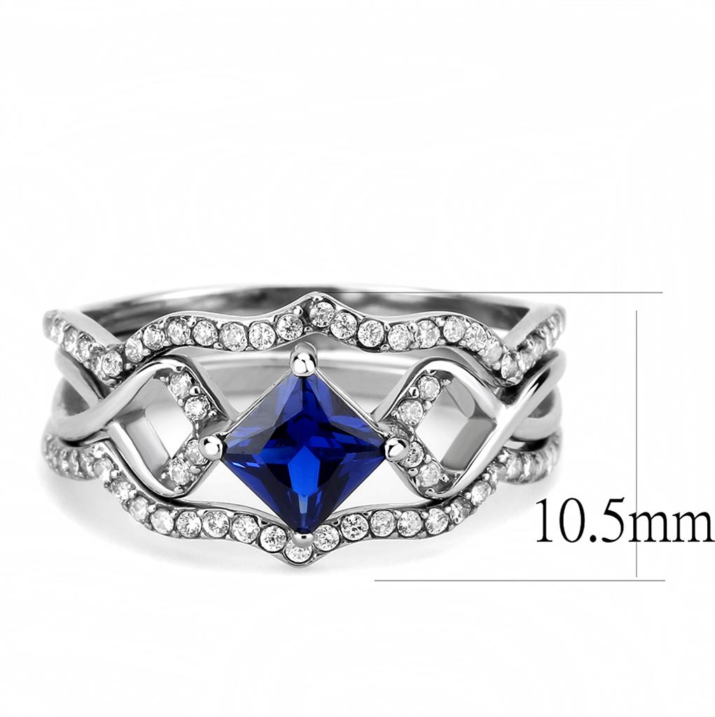 DA272 High Polished Stainless Steel Ring featuring a London Blue Spinel center stone, showcasing a sleek and modern design.