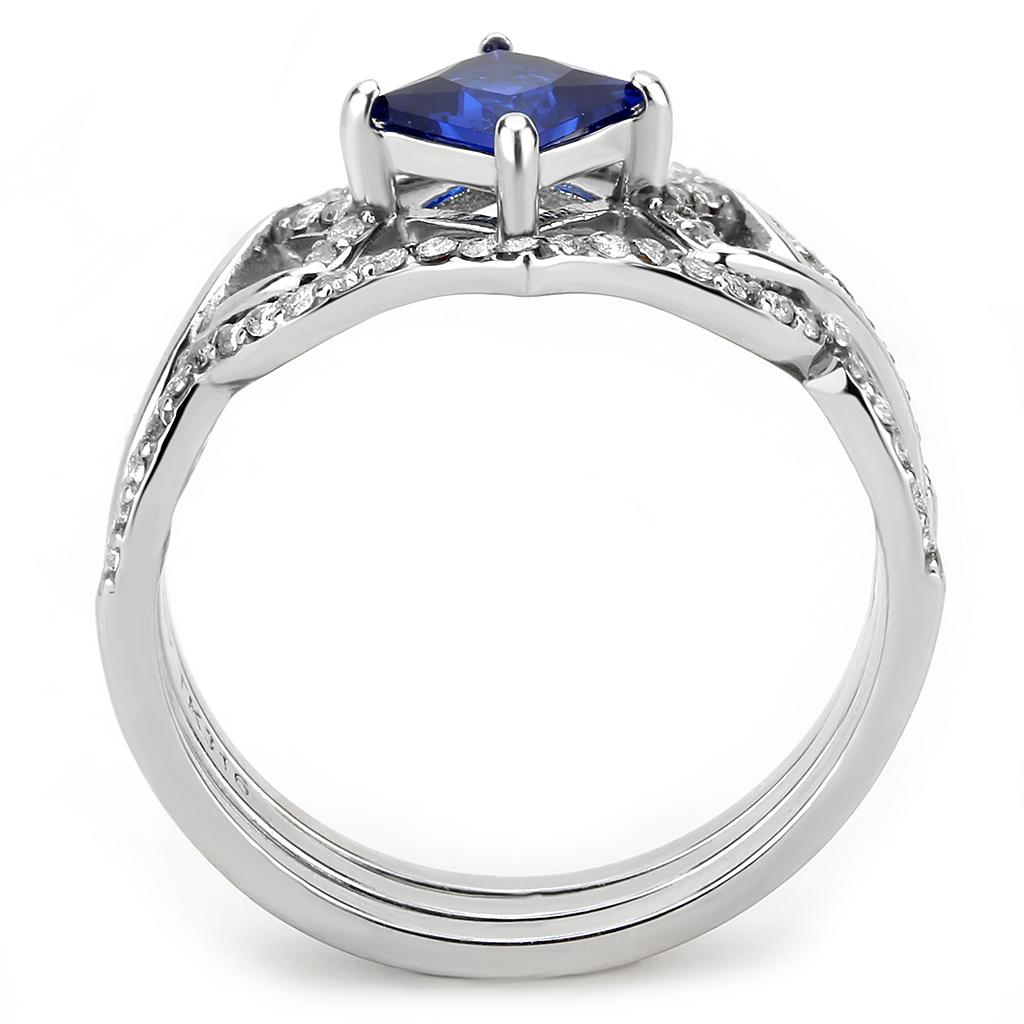 DA272 High Polished Stainless Steel Ring featuring a London Blue Spinel center stone, showcasing a sleek and modern design.