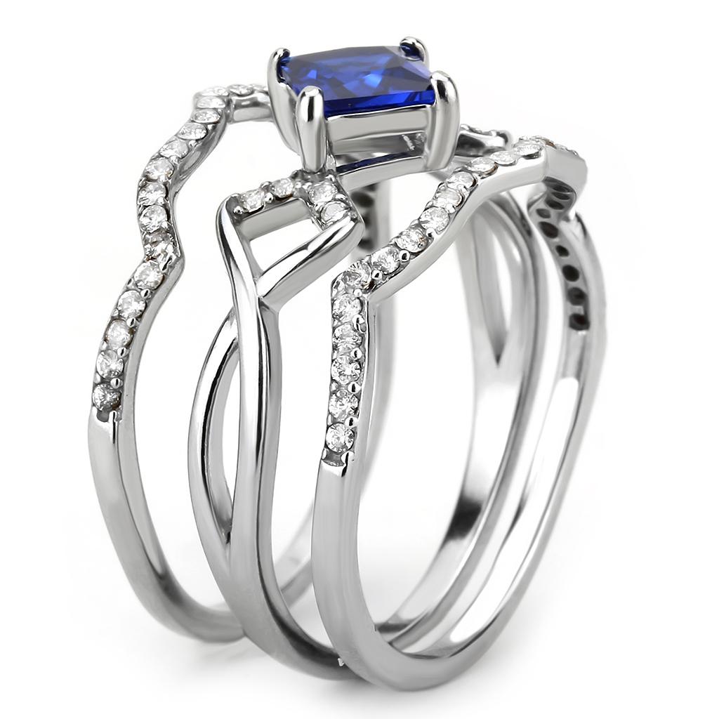 DA272 High Polished Stainless Steel Ring featuring a London Blue Spinel center stone, showcasing a sleek and modern design.