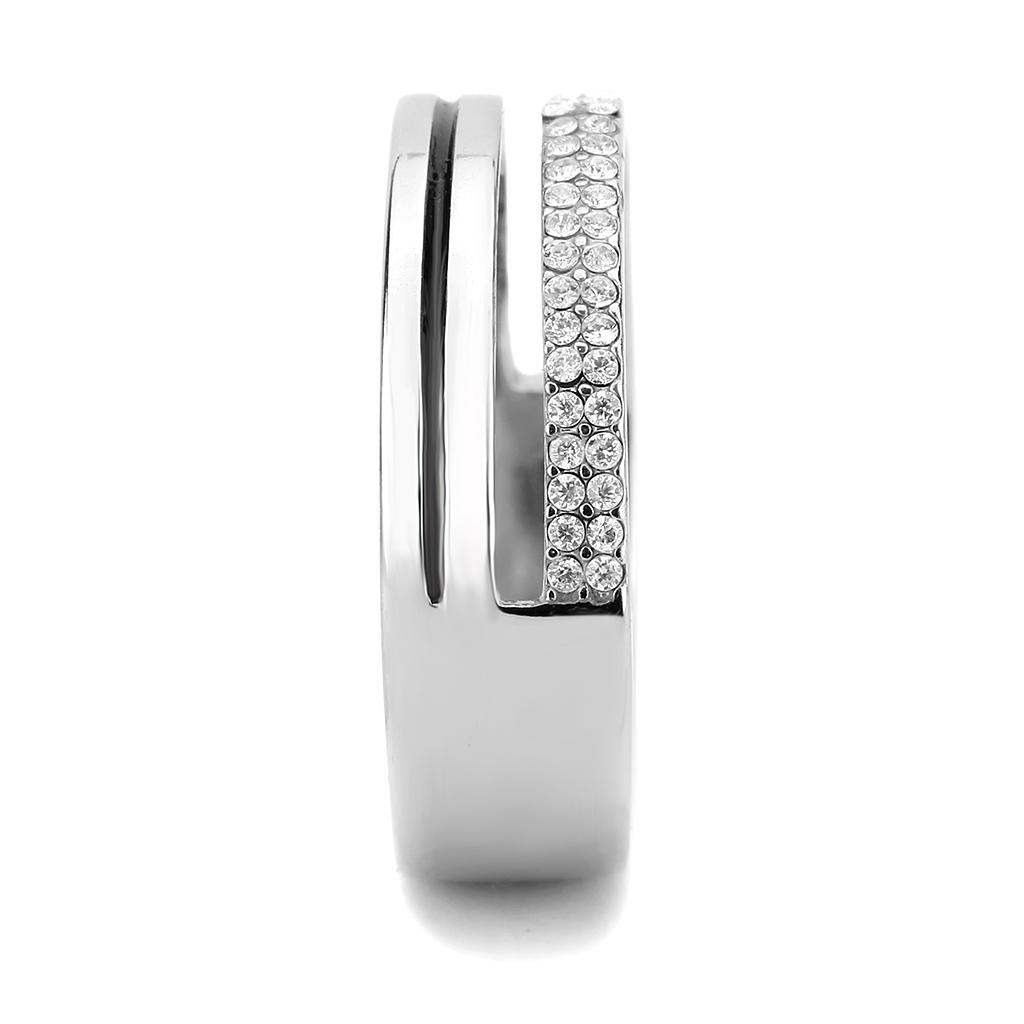 DA275 High Polished Stainless Steel Ring featuring a clear AAA Grade CZ center stone, showcasing its elegant design and shiny finish.