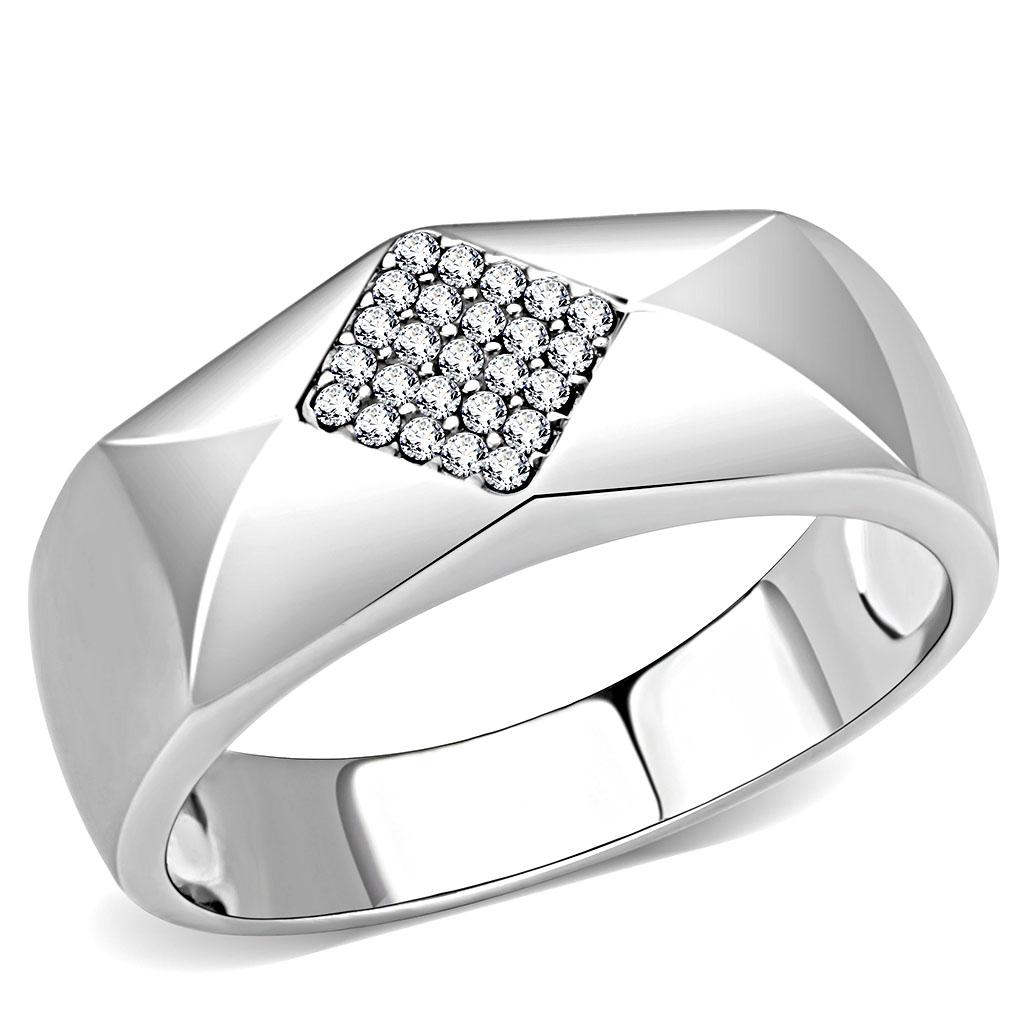 DA288 High Polished Stainless Steel Ring featuring a clear AAA Grade CZ center stone, showcasing its elegant design and high-quality finish.