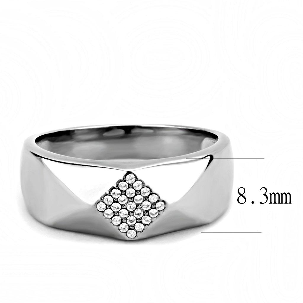 DA288 High Polished Stainless Steel Ring featuring a clear AAA Grade CZ center stone, showcasing its elegant design and high-quality finish.