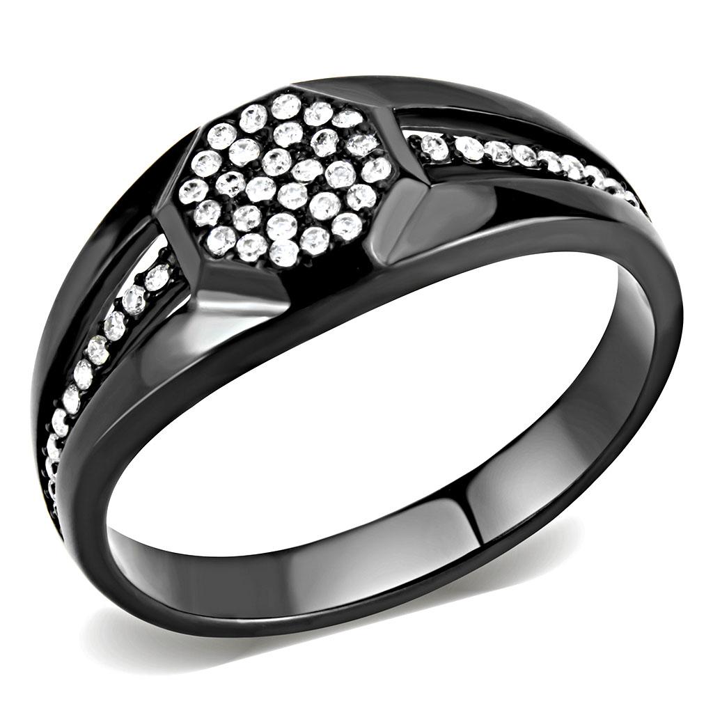 DA282 IP Black Stainless Steel Ring featuring a clear AAA Grade CZ center stone, showcasing a modern and elegant design.