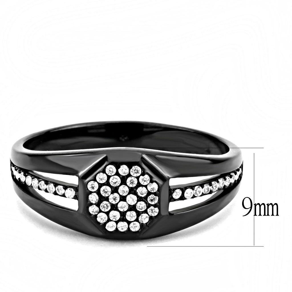 DA282 IP Black Stainless Steel Ring featuring a clear AAA Grade CZ center stone, showcasing a modern and elegant design.