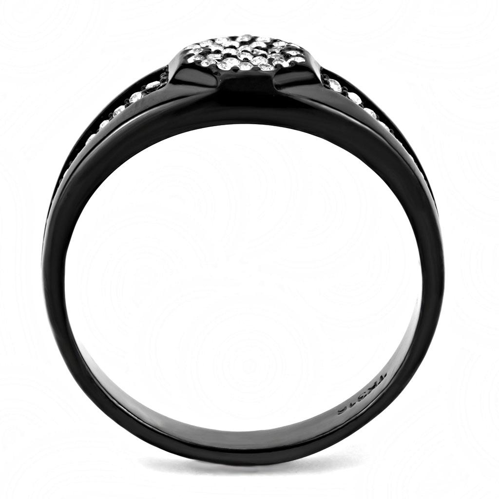 DA282 IP Black Stainless Steel Ring featuring a clear AAA Grade CZ center stone, showcasing a modern and elegant design.