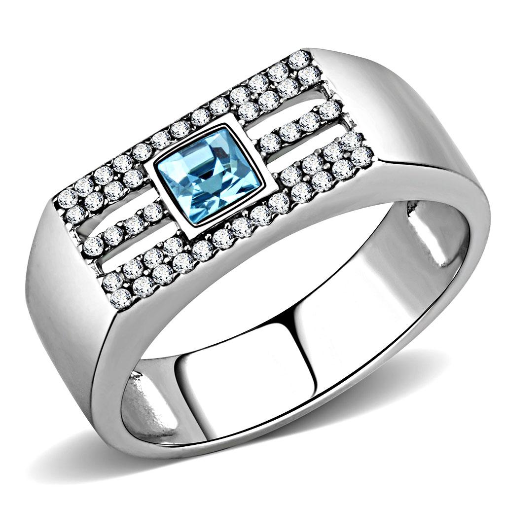 DA283 High Polished Stainless Steel Ring featuring a Sea Blue Top Grade Crystal, showcasing its elegant design and shiny finish.