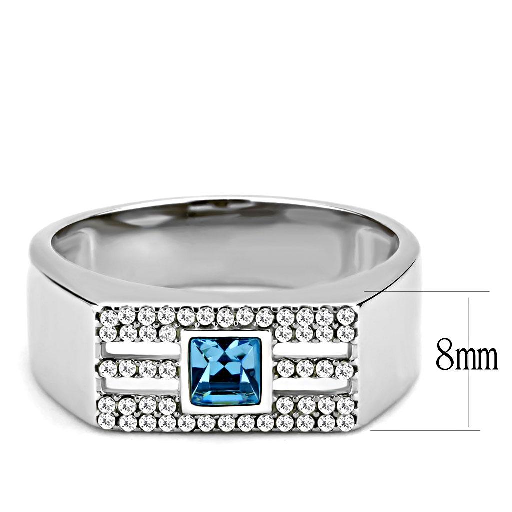 DA283 High Polished Stainless Steel Ring featuring a Sea Blue Top Grade Crystal, showcasing its elegant design and shiny finish.