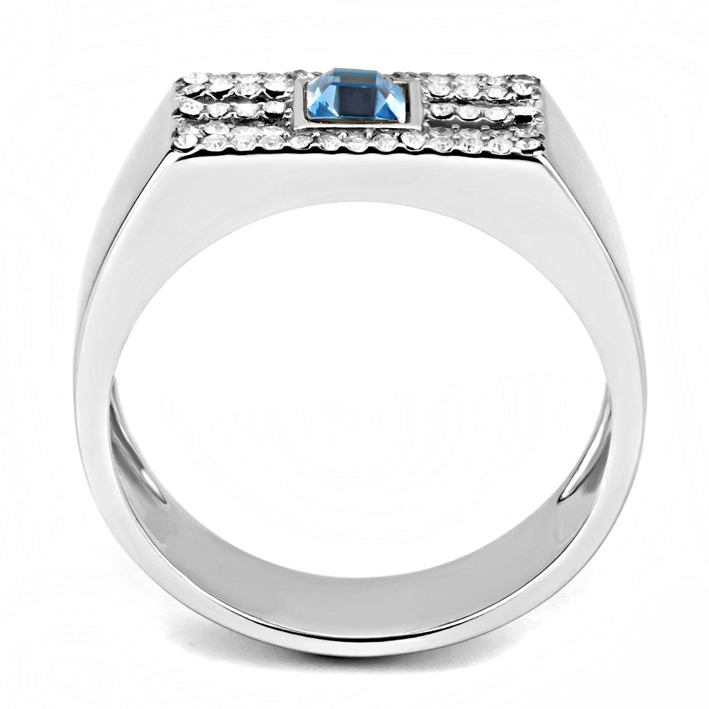 DA283 High Polished Stainless Steel Ring featuring a Sea Blue Top Grade Crystal, showcasing its elegant design and shiny finish.