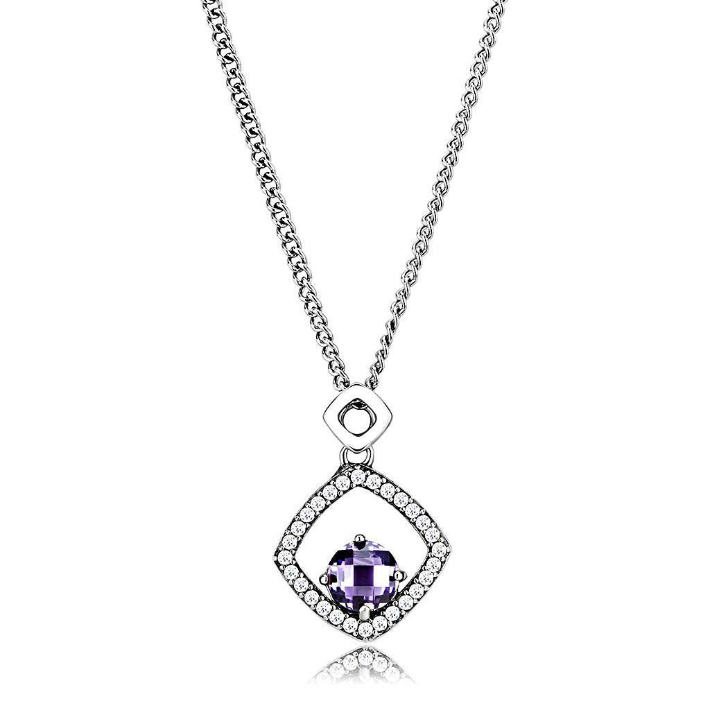 DA229 High Polished Stainless Steel Chain Pendant featuring an Amethyst CZ stone, showcasing its elegant design and high-quality finish.