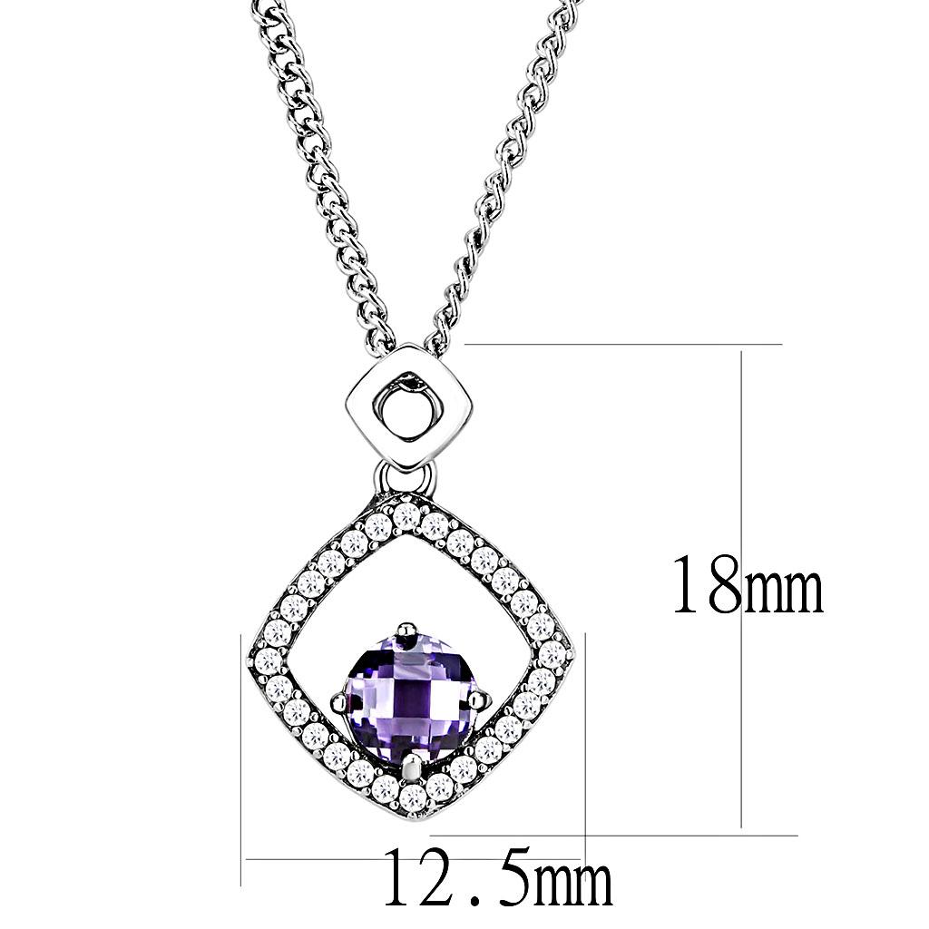 DA229 High Polished Stainless Steel Chain Pendant featuring an Amethyst CZ stone, showcasing its elegant design and high-quality finish.